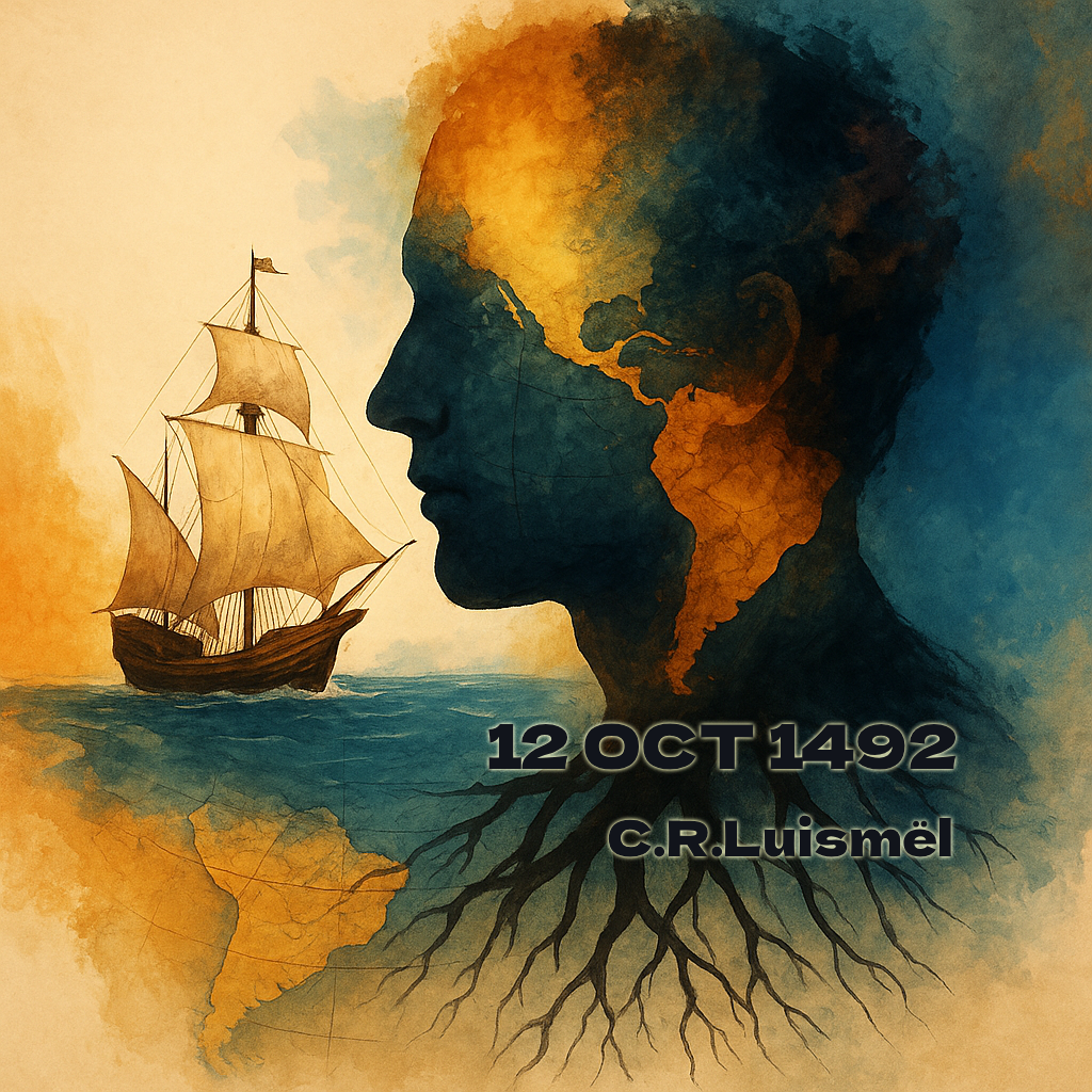 Artistic illustration symbolizing the encounter of two worlds — a caravel merging with a human silhouette formed by roots and maps, representing cultural fusion and shared legacy.